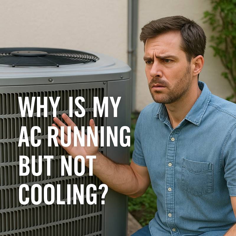 A man inspects a wall-mounted air conditioner that’s running but not cooling, looking frustrated in a modern home setting with text overlay: “Why Is My AC Running But Not Cooling?”